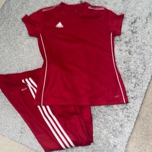 Adidas dry fit shirt and jogger set. True to color. No fading  or stains.